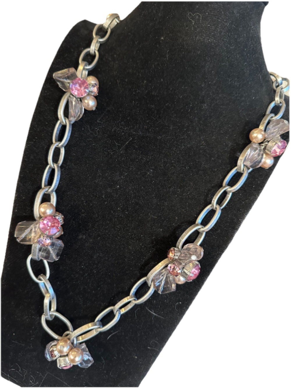 Vintage Loft Chunky Pink Rhinestone Cluster Long Necklace Brushed Pewter Chain